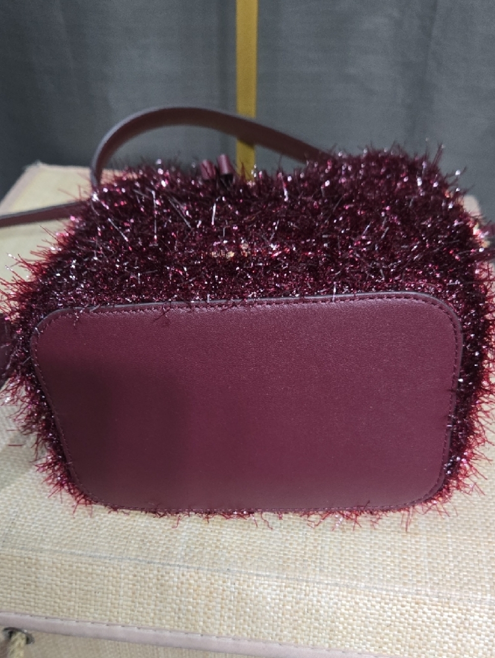 Like-new! kate spade Burgundy Metallic Tinsel Drawstring Bucket Bag - Picture 4 of 8